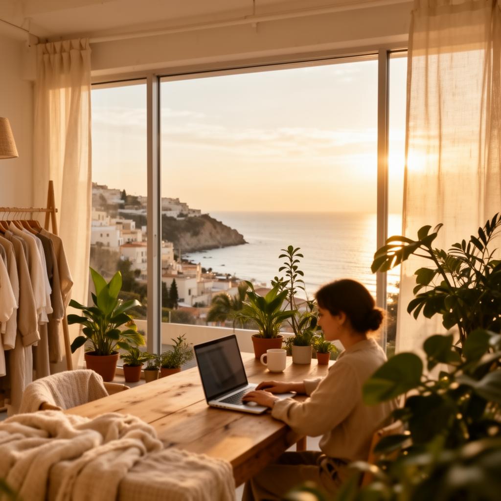 A bright coworking space overlooking the coast at golden hour.